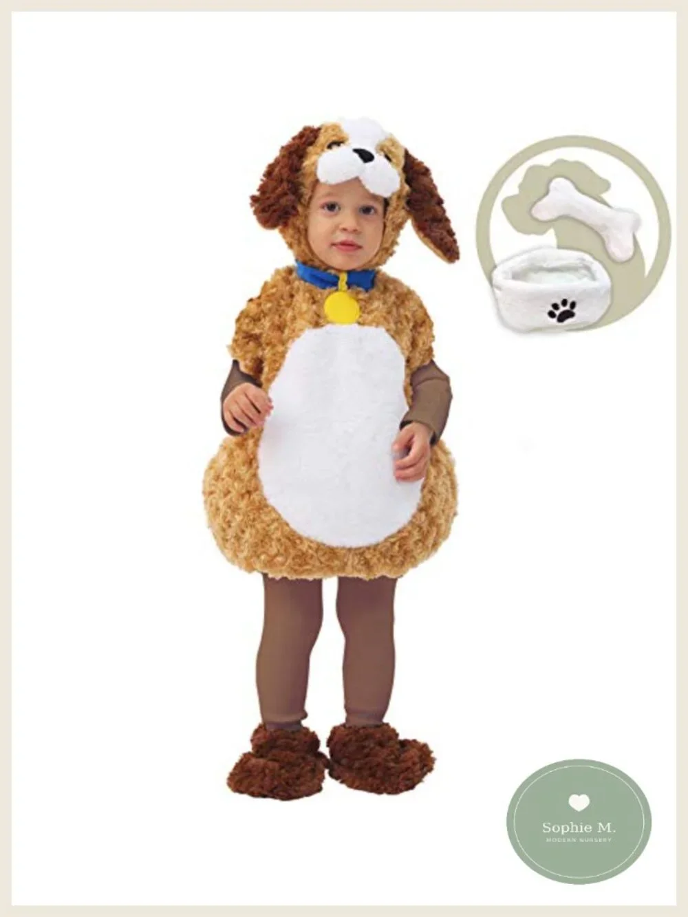 Kids Puppy Dog Halloween Costume with Hood, Booties, Bone & Bowl Plush
